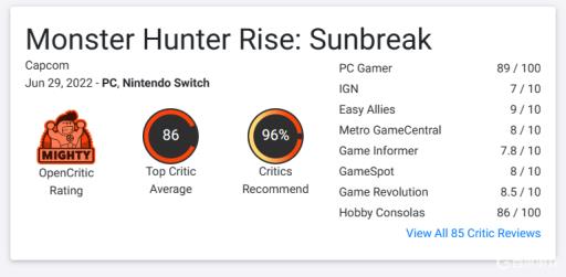 怪物猎人崛起曙光评分是多少?1